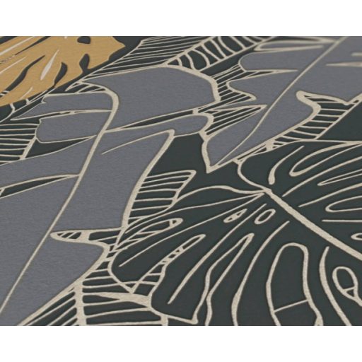 Modern és dekoratív trópusi levelek mintája antracit szürke és sárga tónus  fémes bézsarany mintarajzolat tapéta