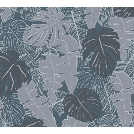 Modern és dekoratív trópusi levelek mintája szürke kék és antracit tónus fémes ezüst mintarajzolat tapéta