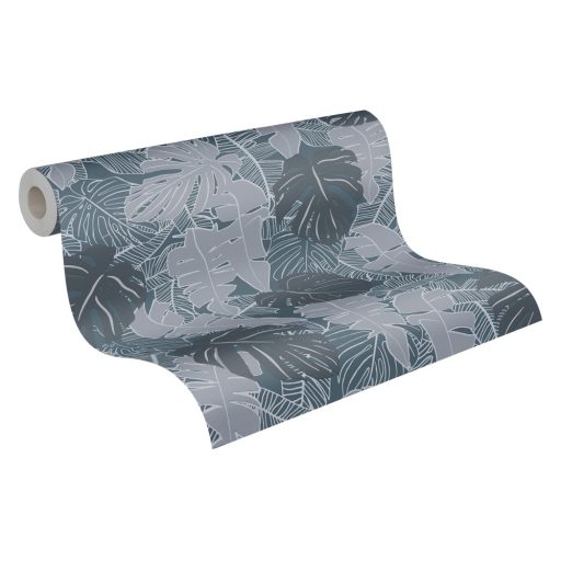 Modern és dekoratív trópusi levelek mintája szürke kék és antracit tónus fémes ezüst mintarajzolat tapéta