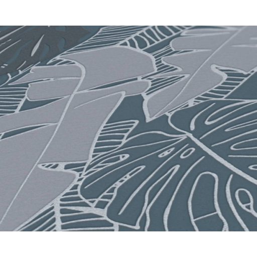 Modern és dekoratív trópusi levelek mintája szürke kék és antracit tónus fémes ezüst mintarajzolat tapéta