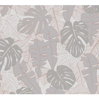   Modern és dekoratív trópusi levelek mintája krémszürke bézs és szürke tónus fémes réz mintarajzolat tapéta