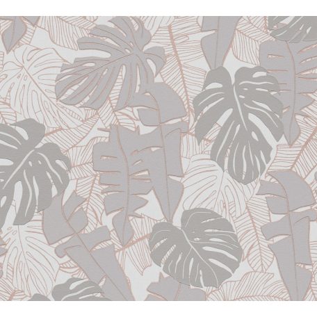 Modern és dekoratív trópusi levelek mintája krémszürke bézs és szürke tónus fémes réz mintarajzolat tapéta