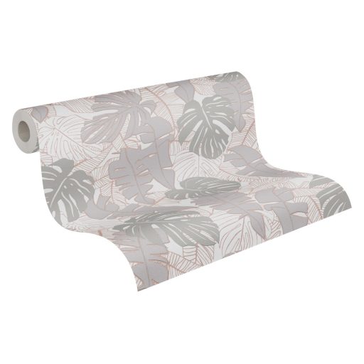 Modern és dekoratív trópusi levelek mintája krémszürke bézs és szürke tónus fémes réz mintarajzolat tapéta