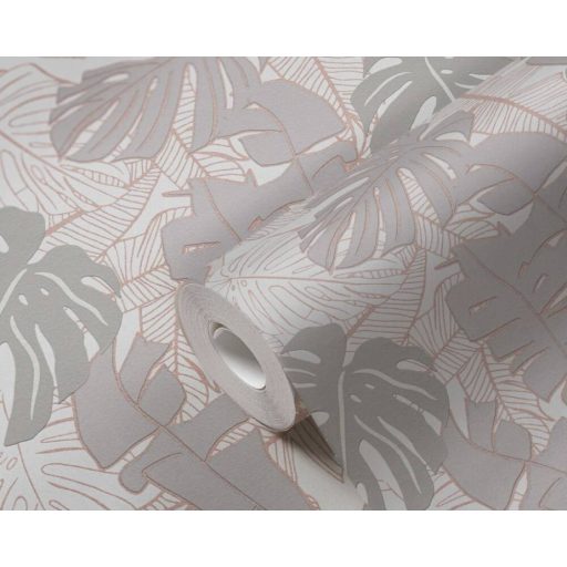 Modern és dekoratív trópusi levelek mintája krémszürke bézs és szürke tónus fémes réz mintarajzolat tapéta