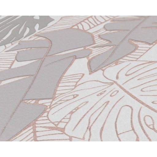 Modern és dekoratív trópusi levelek mintája krémszürke bézs és szürke tónus fémes réz mintarajzolat tapéta