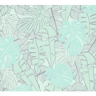   Modern és dekoratív trópusi levelek mintája világosszürke zöld és világos türkiz tónus fémes ezüst mintarajzolat tapéta