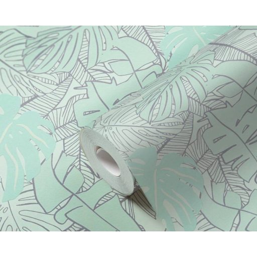 Modern és dekoratív trópusi levelek mintája világosszürke zöld és világos türkiz tónus fémes ezüst mintarajzolat tapéta