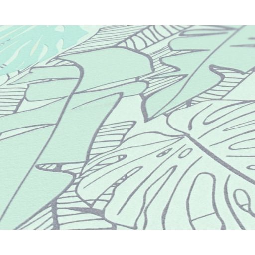 Modern és dekoratív trópusi levelek mintája világosszürke zöld és világos türkiz tónus fémes ezüst mintarajzolat tapéta