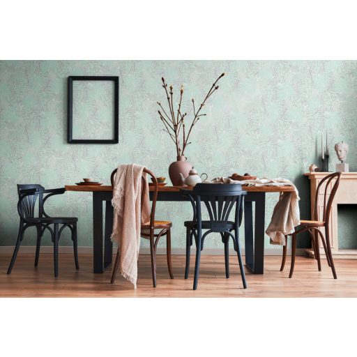 Modern és dekoratív trópusi levelek mintája világosszürke zöld és világos türkiz tónus fémes ezüst mintarajzolat tapéta