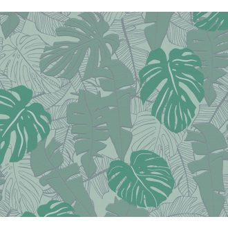   Modern és dekoratív trópusi levelek mintája világoszöld szürkészöld és zöld tónus fémes ezüst mintarajzolat tapéta
