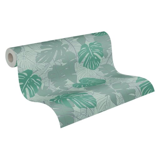 Modern és dekoratív trópusi levelek mintája világoszöld szürkészöld és zöld tónus fémes ezüst mintarajzolat tapéta