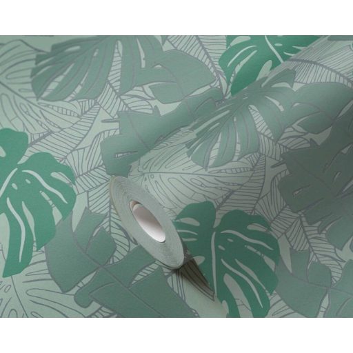 Modern és dekoratív trópusi levelek mintája világoszöld szürkészöld és zöld tónus fémes ezüst mintarajzolat tapéta