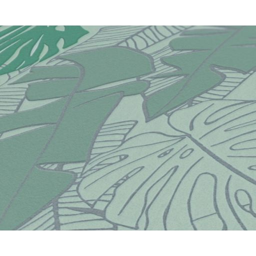Modern és dekoratív trópusi levelek mintája világoszöld szürkészöld és zöld tónus fémes ezüst mintarajzolat tapéta