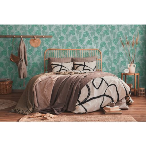 Modern és dekoratív trópusi levelek mintája világoszöld szürkészöld és zöld tónus fémes ezüst mintarajzolat tapéta