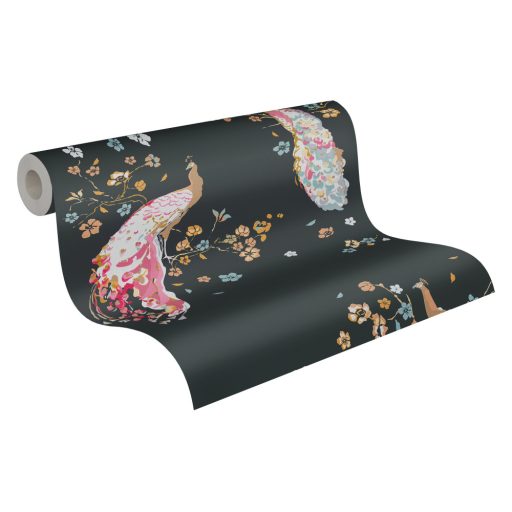 Páváskodás felsőfokon - Pávák díszes színpompás tollazatban fekete és szines tapéta