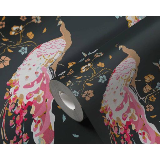 Páváskodás felsőfokon - Pávák díszes színpompás tollazatban fekete és szines tapéta