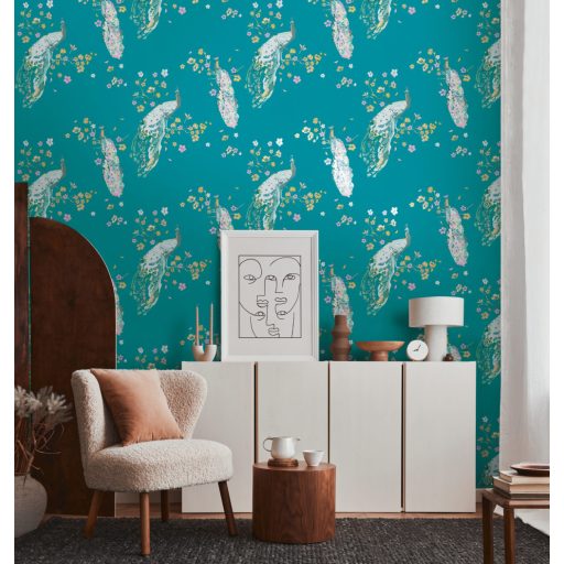 Páváskodás felsőfokon - Pávák díszes színpompás tollazatban türkizkék és szines tapéta