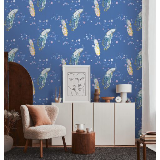 Páváskodás felsőfokon - Pávák díszes színpompás tollazatban kék sárga és szines tapéta