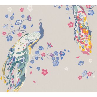   Páváskodás felsőfokon - Pávák díszes színpompás tollazatban szürkésbézs kék és szines tapéta