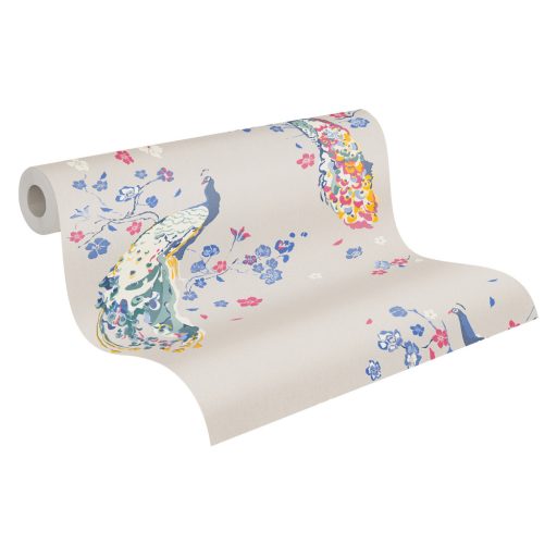 Páváskodás felsőfokon - Pávák díszes színpompás tollazatban szürkésbézs kék és szines tapéta