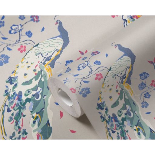 Páváskodás felsőfokon - Pávák díszes színpompás tollazatban szürkésbézs kék és szines tapéta