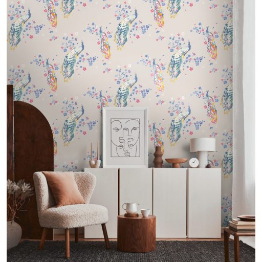 Páváskodás felsőfokon - Pávák díszes színpompás tollazatban szürkésbézs kék és szines tapéta