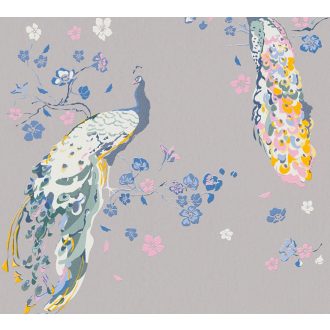   Páváskodás felsőfokon - Pávák díszes színpompás tollazatban szürke/kékesszürke sárga és szines tapéta