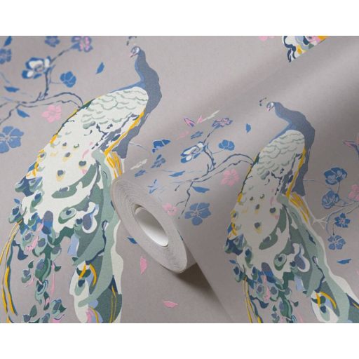 Páváskodás felsőfokon - Pávák díszes színpompás tollazatban szürke/kékesszürke sárga és szines tapéta
