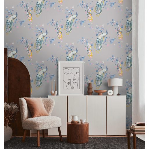 Páváskodás felsőfokon - Pávák díszes színpompás tollazatban szürke/kékesszürke sárga és szines tapéta