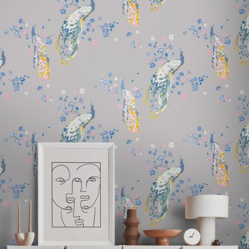 Páváskodás felsőfokon - Pávák díszes színpompás tollazatban szürke/kékesszürke sárga és szines tapéta