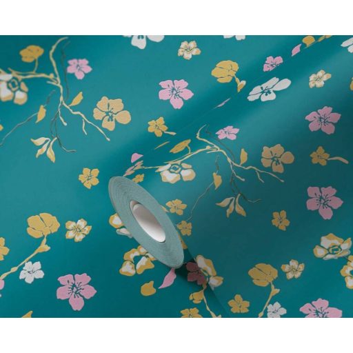 Finom rajzolatú szines virágok ezúttal pávák nélkül türkizkék és színes tapéta