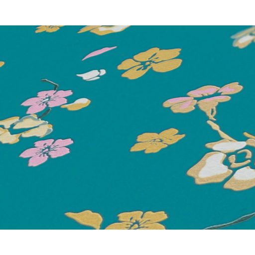 Finom rajzolatú szines virágok ezúttal pávák nélkül türkizkék és színes tapéta