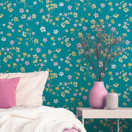 Finom rajzolatú szines virágok ezúttal pávák nélkül türkizkék és színes tapéta