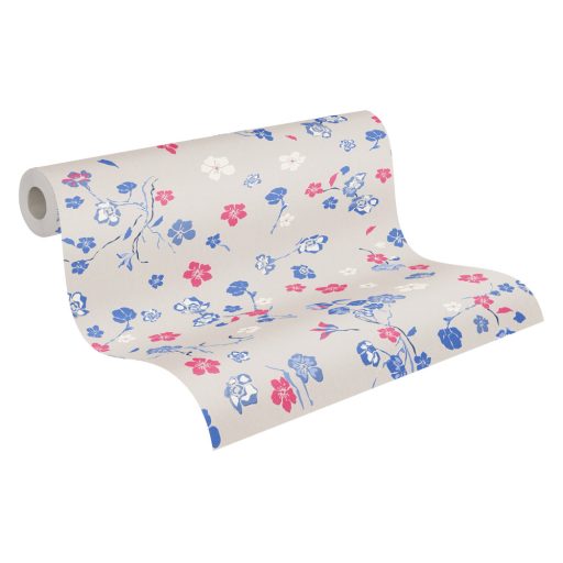 Finom rajzolatú szines virágok ezúttal pávák nélkül szürkésbézs kék és színes tapéta