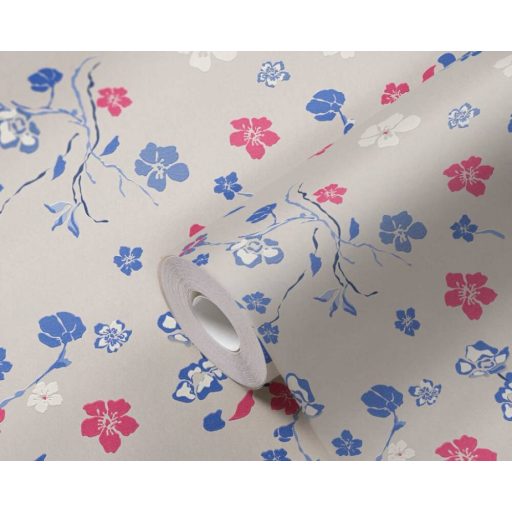 Finom rajzolatú szines virágok ezúttal pávák nélkül szürkésbézs kék és színes tapéta