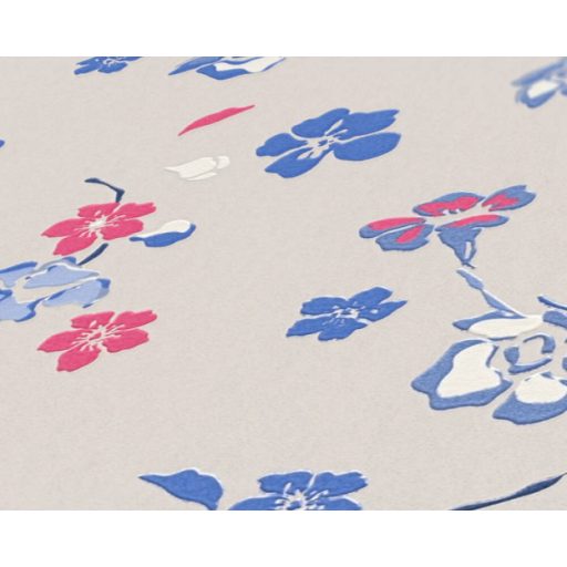 Finom rajzolatú szines virágok ezúttal pávák nélkül szürkésbézs kék és színes tapéta