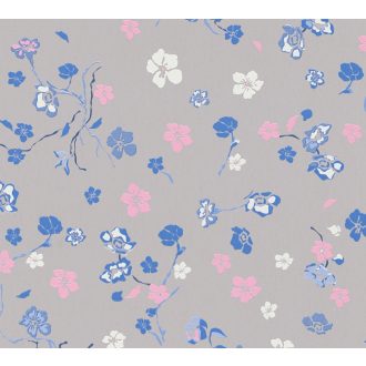   Finom rajzolatú szines virágok ezúttal pávák nélkül szürke/kékesszürke sárga és színes tapéta