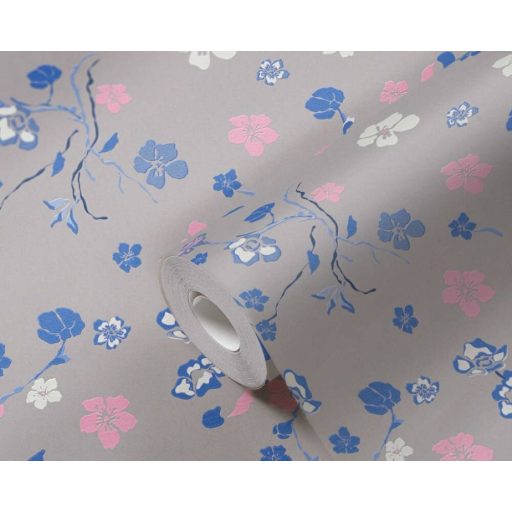 Finom rajzolatú szines virágok ezúttal pávák nélkül szürke/kékesszürke sárga és színes tapéta