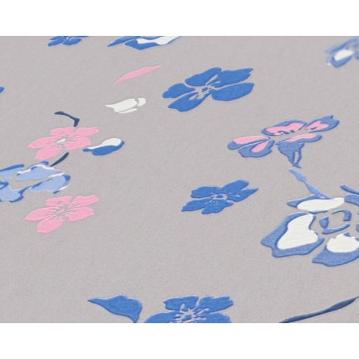 Finom rajzolatú szines virágok ezúttal pávák nélkül szürke/kékesszürke sárga és színes tapéta