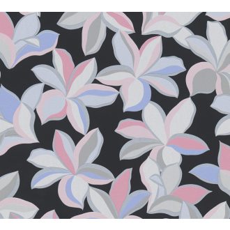   Impulzív grafikai virágélmény - szines stilizált liliomok fekete szürke rózsaszín kék és ezüst tónus fémes hatás tapéta