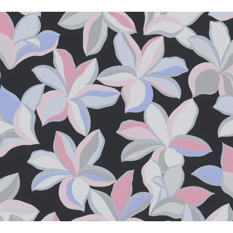 Impulzív grafikai virágélmény - szines stilizált liliomok fekete szürke rózsaszín kék és ezüst tónus fémes hatás tapéta