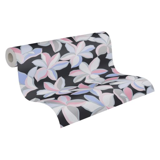 Impulzív grafikai virágélmény - szines stilizált liliomok fekete szürke rózsaszín kék és ezüst tónus fémes hatás tapéta