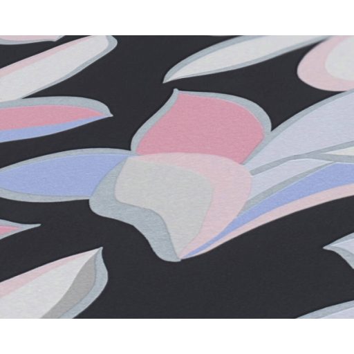 Impulzív grafikai virágélmény - szines stilizált liliomok fekete szürke rózsaszín kék és ezüst tónus fémes hatás tapéta