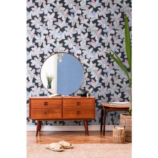 Impulzív grafikai virágélmény - szines stilizált liliomok fekete szürke rózsaszín kék és ezüst tónus fémes hatás tapéta