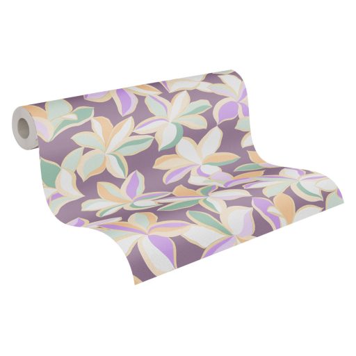 Impulzív grafikai virágélmény - szines stilizált liliomok lila zöld sárga bézs szürke és arany tónus fémes hatás tapéta