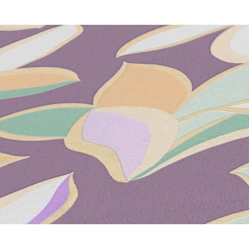 Impulzív grafikai virágélmény - szines stilizált liliomok lila zöld sárga bézs szürke és arany tónus fémes hatás tapéta