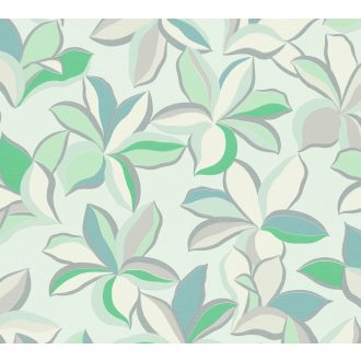   Impulzív grafikai virágélmény - szines stilizált liliomok törtfehér zöld kék szürke és ezüst tónus fémes hatás tapéta