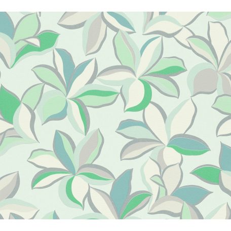 Impulzív grafikai virágélmény - szines stilizált liliomok törtfehér zöld kék szürke és ezüst tónus fémes hatás tapéta