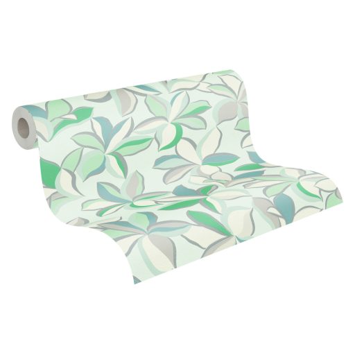 Impulzív grafikai virágélmény - szines stilizált liliomok törtfehér zöld kék szürke és ezüst tónus fémes hatás tapéta