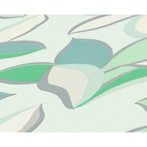 Impulzív grafikai virágélmény - szines stilizált liliomok törtfehér zöld kék szürke és ezüst tónus fémes hatás tapéta